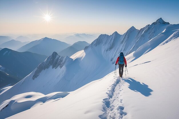 Photo man mountaineer walking with snow footprint on snow peak ridge in blizzard at morning