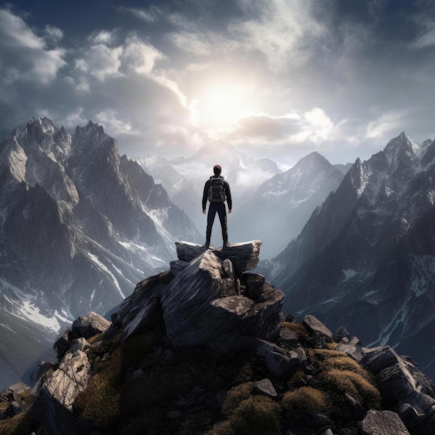 Foto l'uomo in montagna sullo sfondo della natura