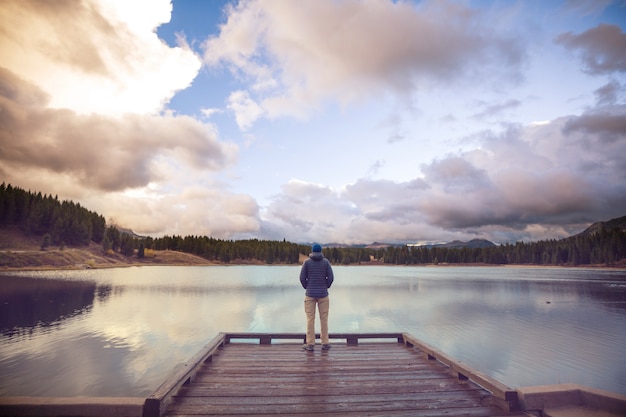 Man on mountains lake