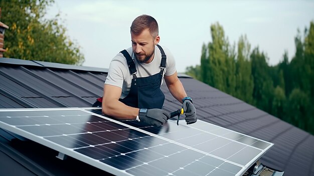 man mounting modern solar batteries on the roof