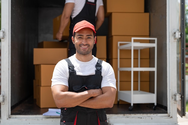 L'operaio del traslocatore sorridente e con le braccia incrociate si prepara a spostare scatole di cartone e mobili dal camion