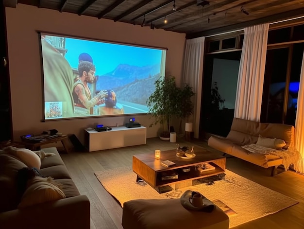 Photo a man on a movie screen in a living room with a couch and a couch.