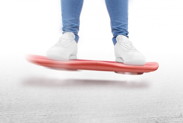 Man moving on red hover board scooter isolated