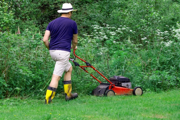 夏に緑の芝生を刈る男