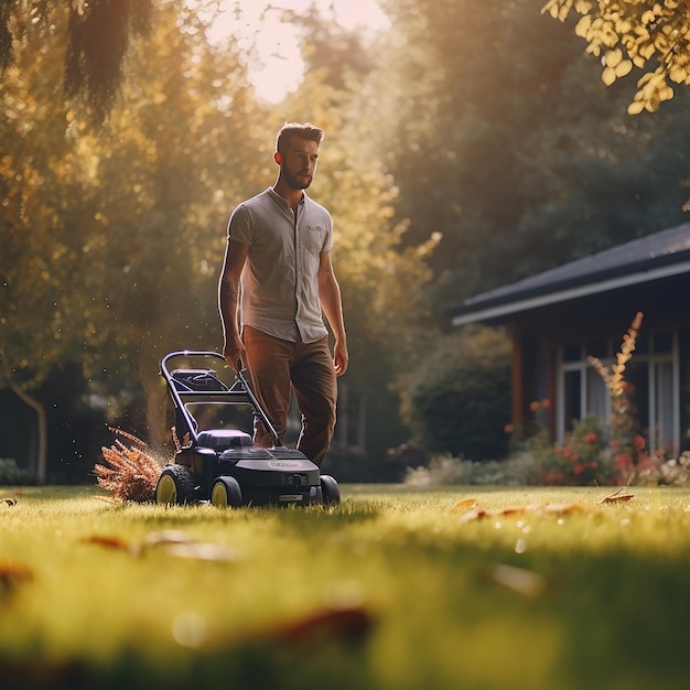 Photo man mowing lawn in morning with leaves real