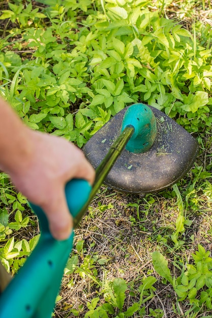 Man mows the grass trimmer electric garden in a village in the summer