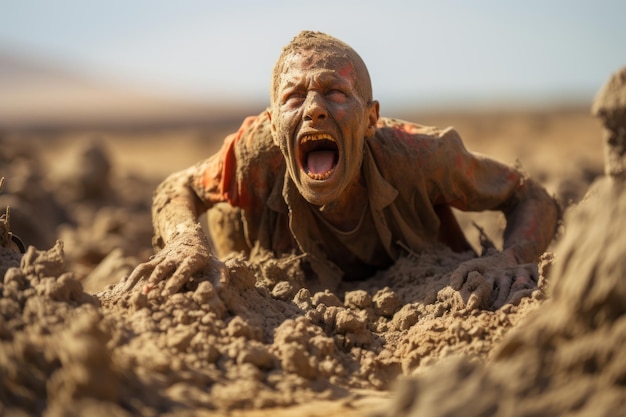 a man in the mud with his mouth open