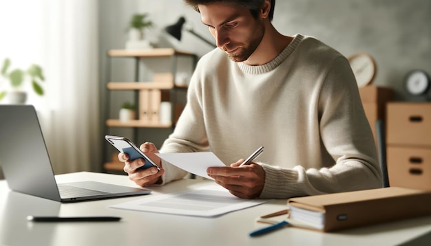 Man Multitasking with Smartphone and Documents