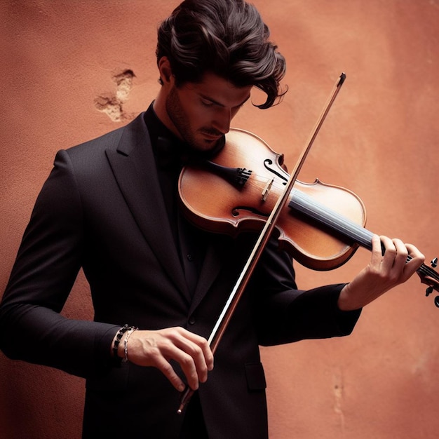 Photo a man musician with violin with wall background
