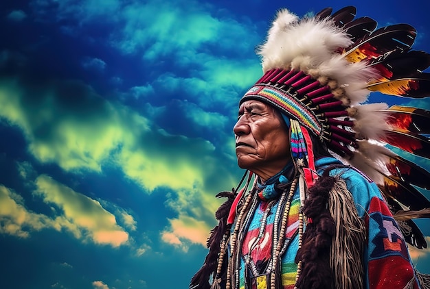 A man in a native american costume stands in front of a cloudy sky.