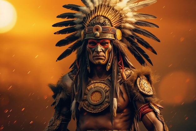 A man in a native american costume stands in front of a golden background.