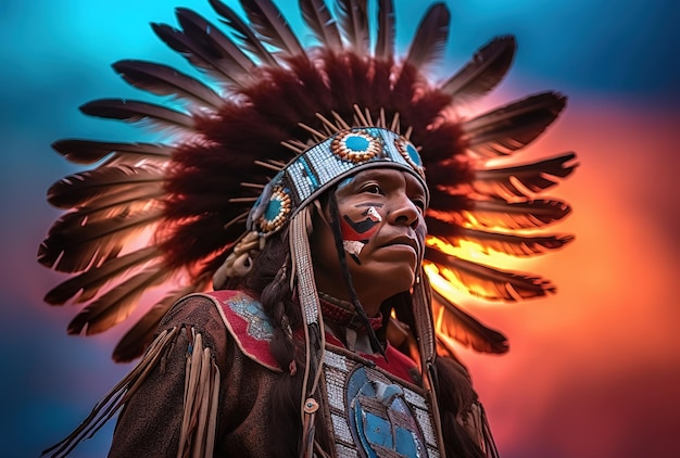 A man in a native american costume stands in front of a sky