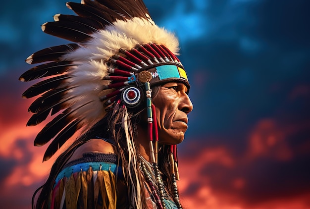 A man in a native american costume stands in front of a sky