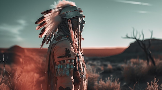 A man in a native american indian outfit stands in the desert.