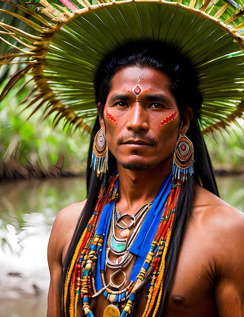 a man in a native american outfit standing in a forest