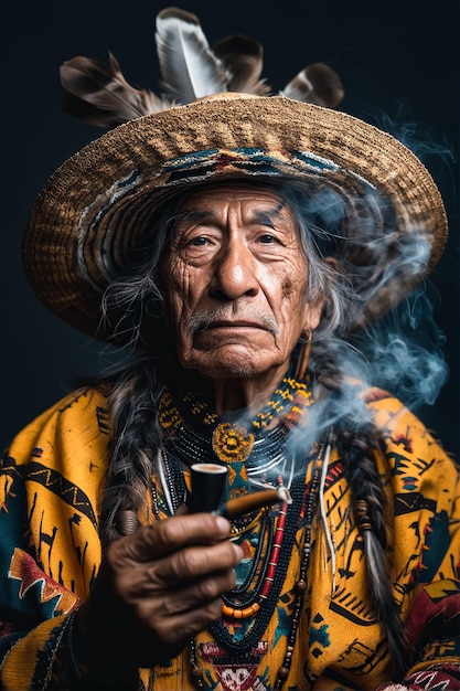 A man in native clothing smoking a pipe