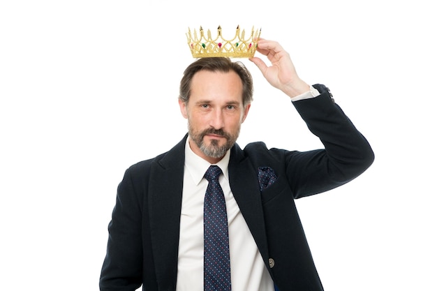 Man nature bearded guy in suit hold golden crown symbol of monarchy Direct line to throne Enormous privilege Become king ceremony King attribute Become next king Monarchy family traditions