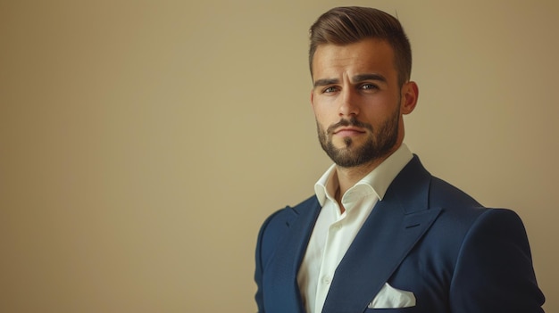 A man in a navy blue suit on a background of cream