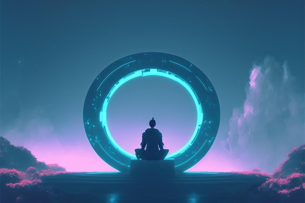 Человек возле волшебного портала Таинственный человек, сидящий под футуристическим порталом Иллюстрация в стиле цифрового искусства