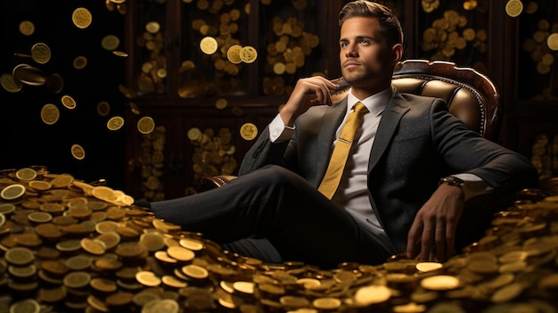 Photo a man in a neat suit stylishly surrounded by bitcoin crypto coins in the background