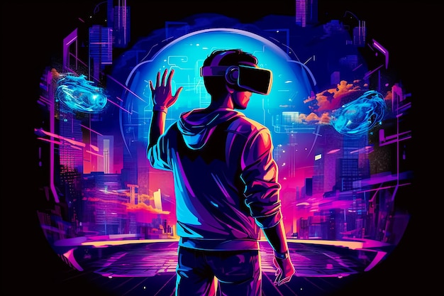 A man in a neon hoodie looks at a futuristic city with a neon sign that says'virtual reality '