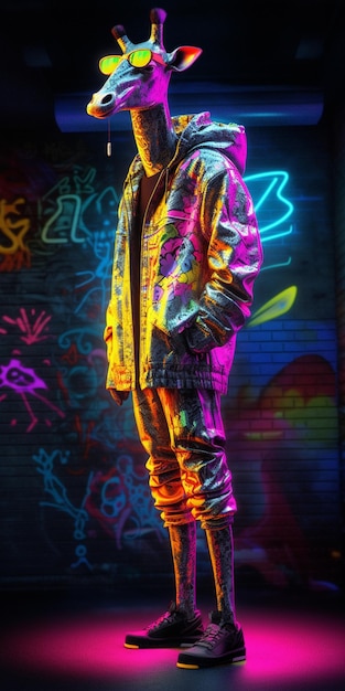 A man in a neon jacket stands in front of a graffiti wall.