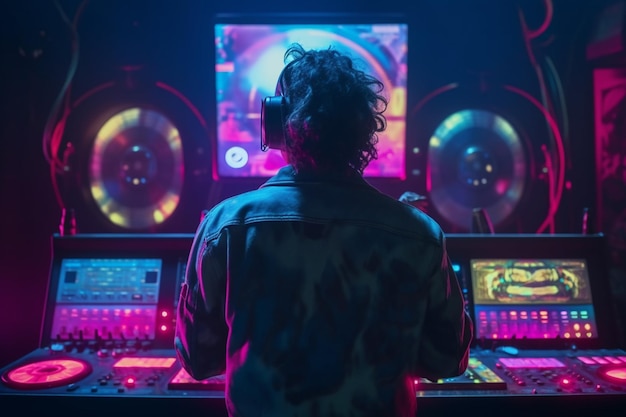 A man in a neon light plays music on a dj's console.