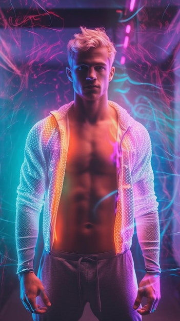 A man in a neon light with a shirt that says'i'm not a man '