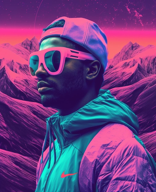 A man in a neon pink and blue neon sunglasses stands in front of a mountain landscape