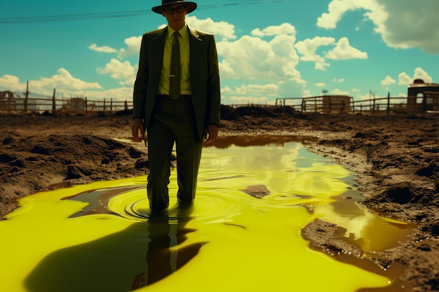 A man in a nice suit stands in a radioactive yellow puddle Radiation emissions AI Generated