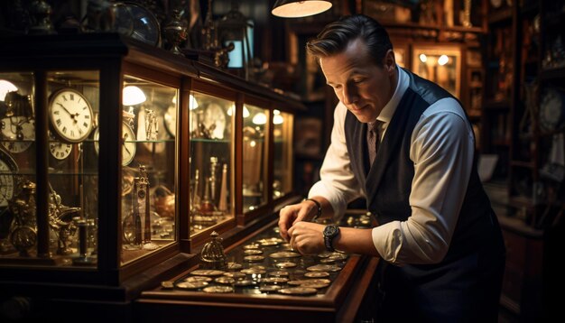 Foto un uomo che osserva una diversa collezione di orologi antichi e moderni in una mostra di un museo