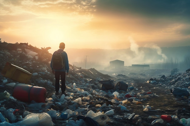 Man observing a vast landfill during sunset