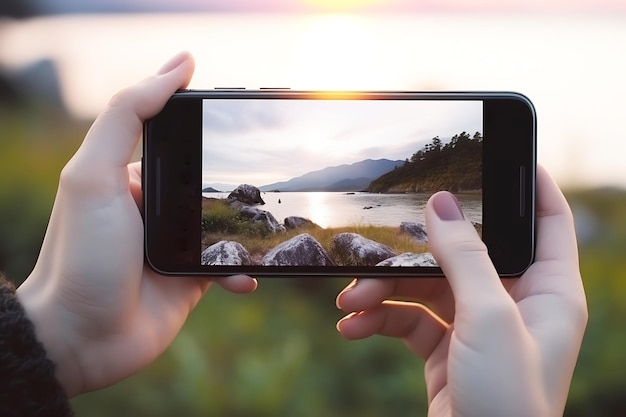 Man of vrouw die met zijn telefoon een foto maakt van een prachtige zonsondergang onder de rivier Eenheid met de natuur