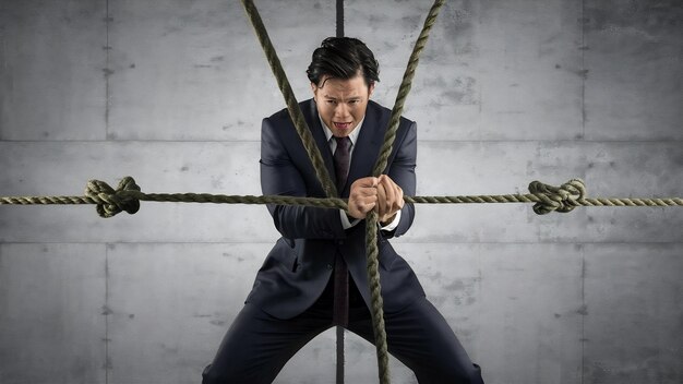 Foto uomo in abiti da ufficio che si allena con corde su sfondo grigio