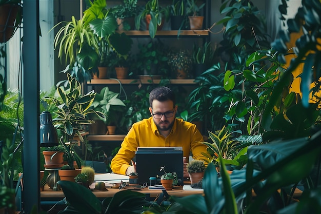 Man at Office Desk Surrounded by Plants