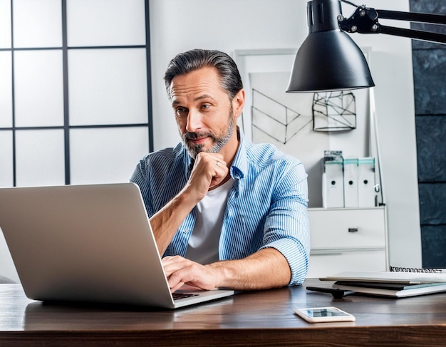 Photo man office working laptop computer business single middleaged guy reading on laptop in office