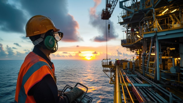 A man on oil rig admires sunset over water and sky AIG41