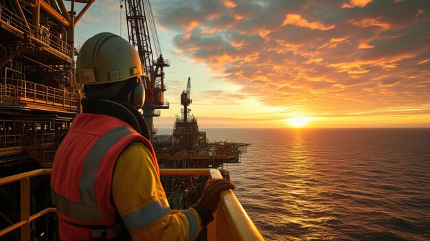 Photo a man on oil rig admires sunset over water and sky aig