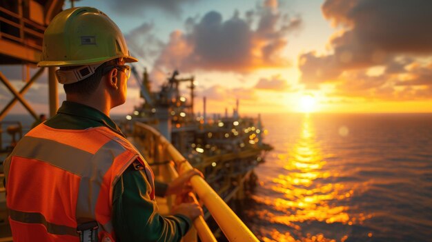 A man on oil rig admires sunset over water and sky aig