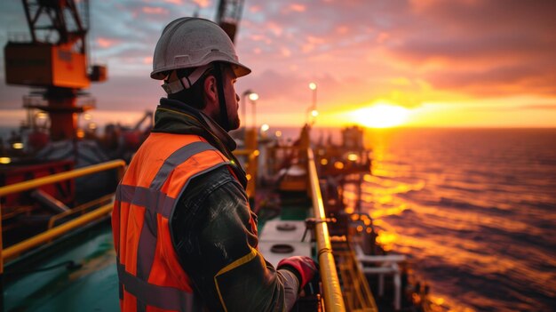 Photo a man on oil rig admires sunset over water and sky aig