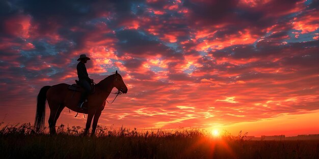 写真 カラフルな夕日空を背景に馬に乗った男のシルエット コンセプト・アウトドア・フォトショット シルエット・フォトグラフィー 夕日背景 騎馬 色彩の空