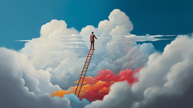 写真 雲 の 上 の 階段 に 乗っ て いる 人