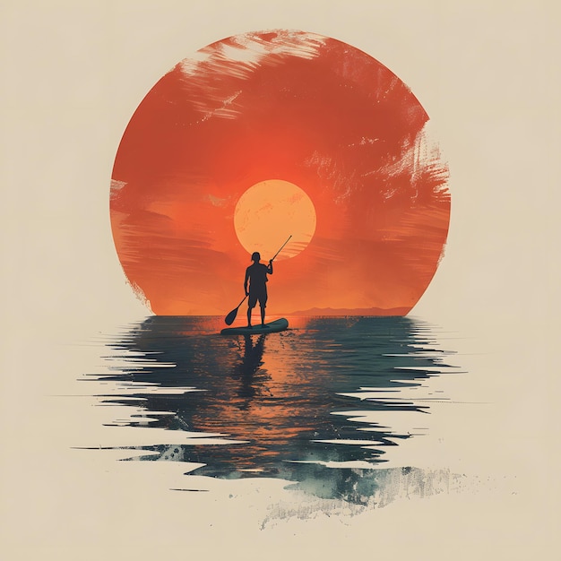Фото Человек на гребной доске на закате красное небо над водным горизонтом смешивается с небом