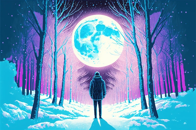 Man onder de maan wandelen in winter forest man in winter forest kijken naar de gloeiende maansikkel digitale kunst stijl illustratie schilderij