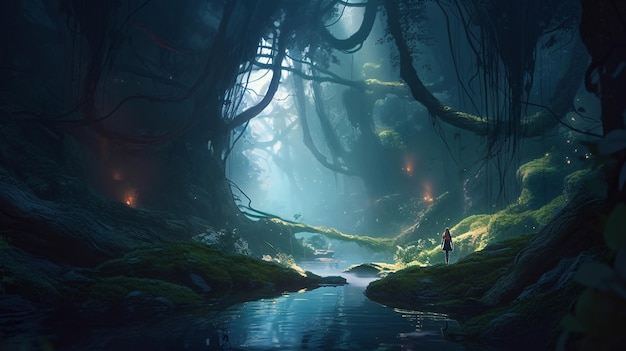 Man ondergedompeld in surrealistisch boslandschap geïnspireerd door meesters van fantasiekunst