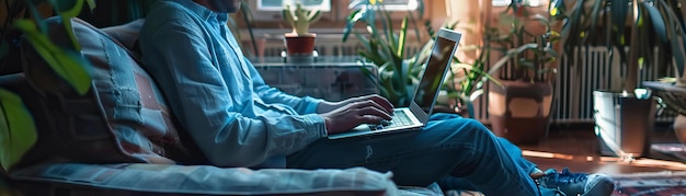 Foto man ontspant met laptop plantgevulde kamer