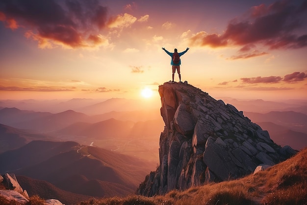 Man op de top van de berg vrijheid man op de achtergrond van de zonsondergang