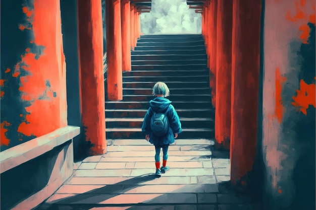 Man op de trap Jonge jongen loopt de trap op naar de Torii-poort Digitale kunststijl illustratie schilderij