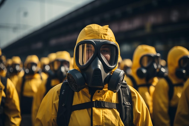 man op de voorgrond met gasmasker groep mensen met gasmask klaar om uit te voeren ai gegenereerd