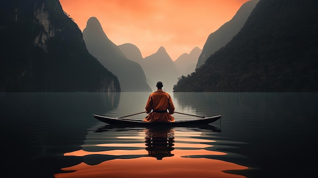 Foto man op een boot die mediteert voor de bergen in de stijl van de confuciaanse ideologie